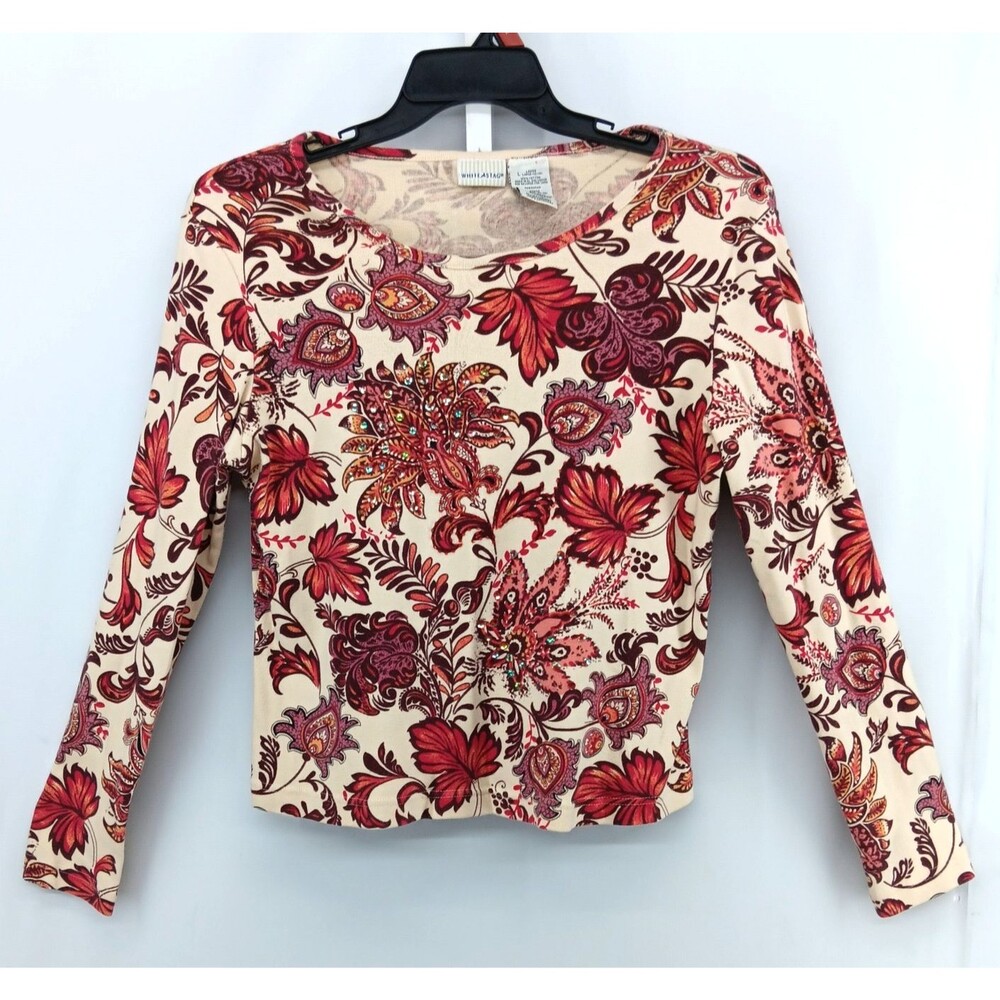 White Stag Shirt Womens Large Beige Red Floral Long Sleeve Round Neck Knit Top